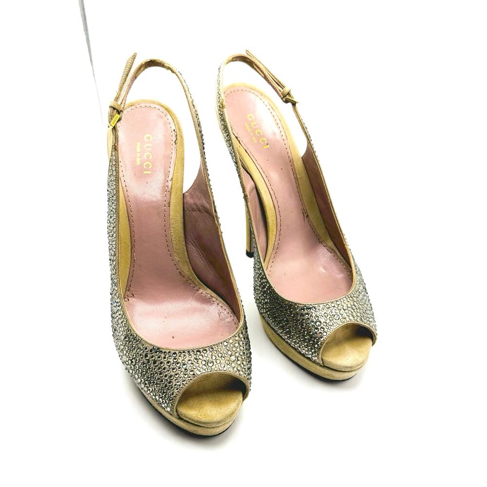 Gucci Tan Suede Crystal Slingback Pumps Peep Toe Heels EU 37.5 - Picture 4 of 10